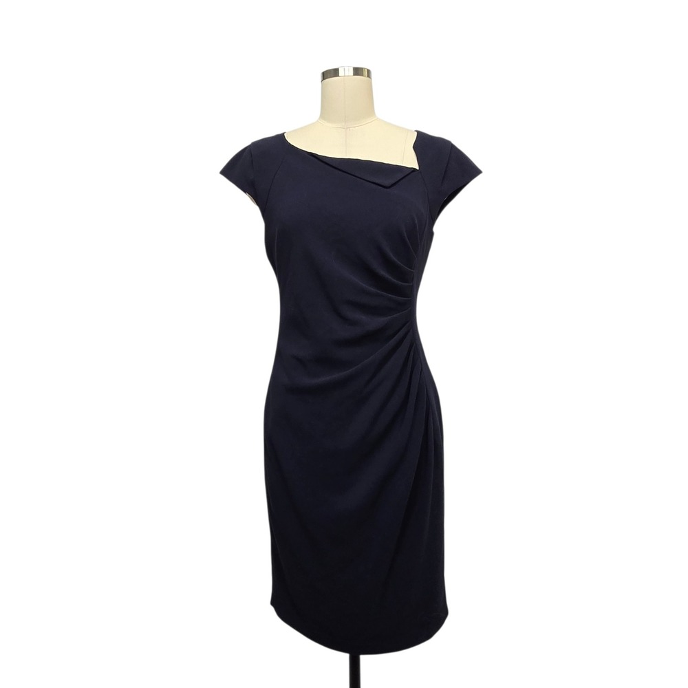 LK Bennett London Davina Navy Blue Asymmetrical Ruched Sheath Dress Women Size 8